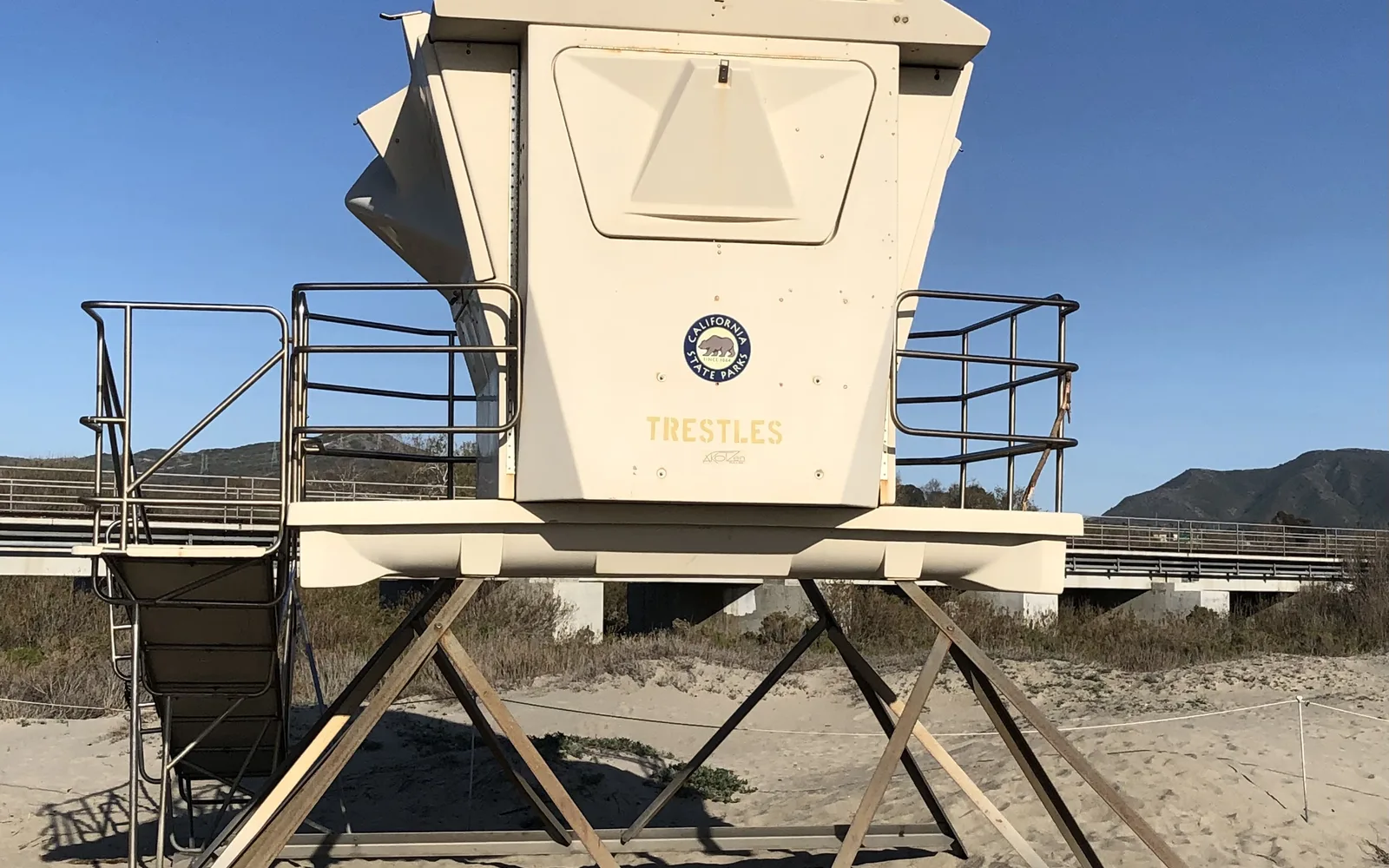 Trestles lifeguard tower overlooking the beach and coastal waters near San Clemente